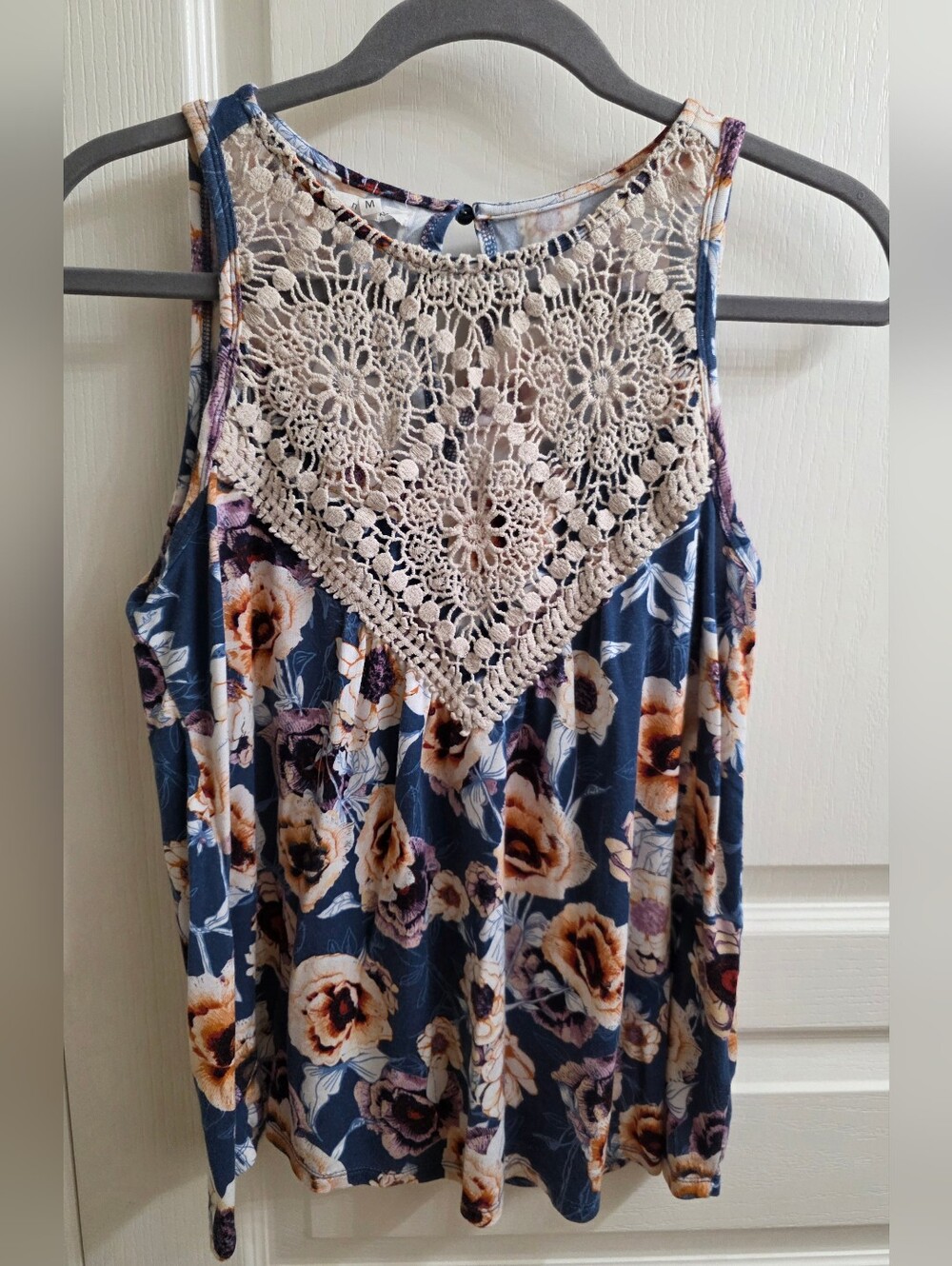 Maurices Navy Floral Tank with Cream Crochet Yoke
